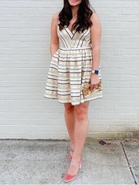 J Crew Schuyler Candy Wrap Gold Metallic Pleated V Neck Mini Flare Dress